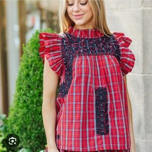 NWT J. Marie Red Plaid Ruffle Sleeve Top Various Sizes